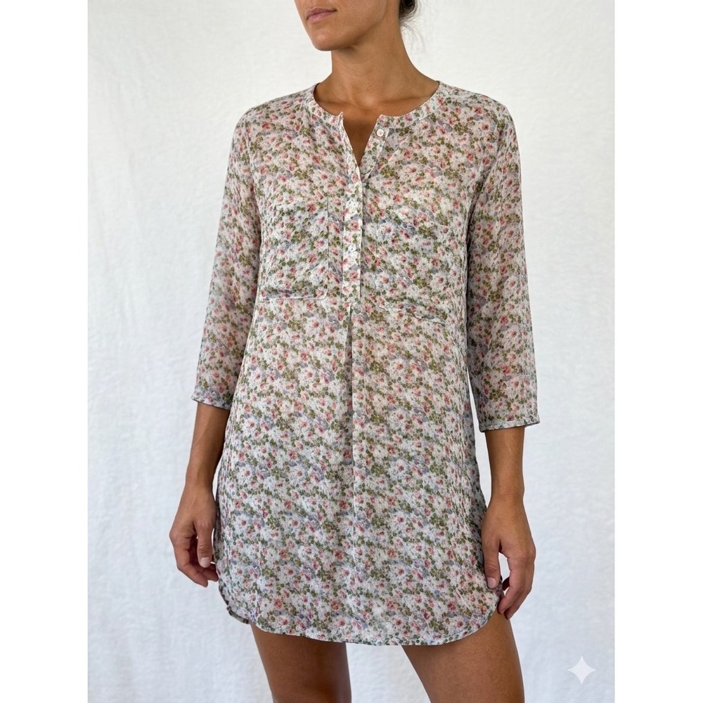 Fig and Flower Floral‎ Henley Tunic Top 3/4 Sleeve Pink Green Medium